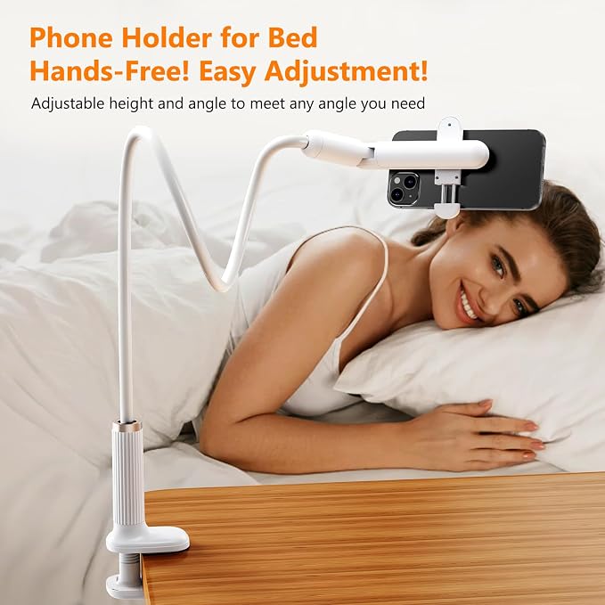 Gooseneck Phone Holder for Bed, Flexible Long Arm Cell Phone Stand with Clamp Mount, 900°Rotation Overhead Phone Mount for Bedside,Headboard,Desk, Universal for 4-7" Phone (35.43 Inches Length)