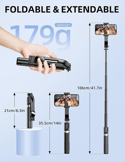 41'' Selfie Stick Tripod, Extendable Portable 4 in 1 Aluminum Phone Tripod with Wireless Remote 360° Rotation Travel Smartphone Tripods Stand Compatible with iPhone 17/16/15/14/Android (Black)
