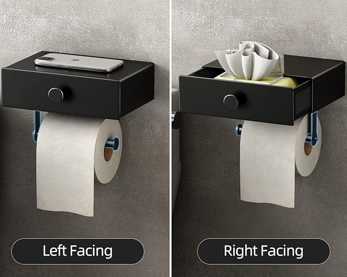 VOLDRA Toilet Paper Holder with Shelf Black Wipes Dispenser for Bathroom Toilet Paper Holder with Storage Upgrade Drawer Design Toilet Tissue Holder Adhesive Small Bathroom Shelf Wall Mount
