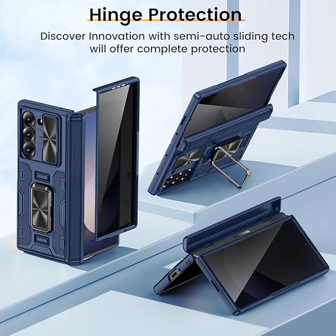 VEGO for Galaxy Z Fold 6 Case, with Built-in Privacy Screen Protector | Adjustable Magnetic Kickstand & Slide Camera Cover Full Body Drop Protection Case for Samsung Galaxy Z Fold 6 5G 2024-Blue