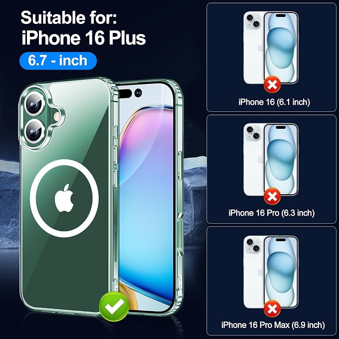 xiwxi for iPhone 16 Plus Case, [Compatible with Magsafe], with Screen Protector+Camera Protector, [Military-Grade Drop Protection], Anti-Yellowing Magnetic Phone Case-Clear