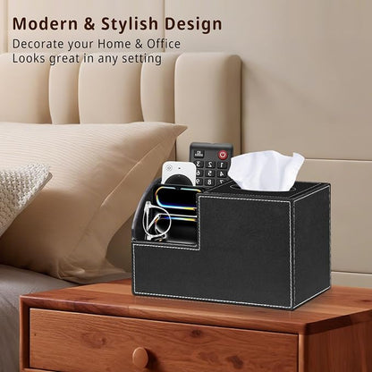 PU Leather Square Tissue Box Cover - Multi-Functional Tissue Box Holder, Tissue Box Cover with Storage,Tissue and Remote Control Holder, Cube Tissue Box Organizer Bedroom Nightstand End Table