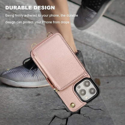 Bocasal for MagSafe Crossbody Wallet Case Compatible with iPhone 16 Pro, RFID Blocking Protective Purse Case with Card Slots Holder Kickstand Wrist Strap Lanyard Zipper 6.3 Inch 5G (Rose Gold)