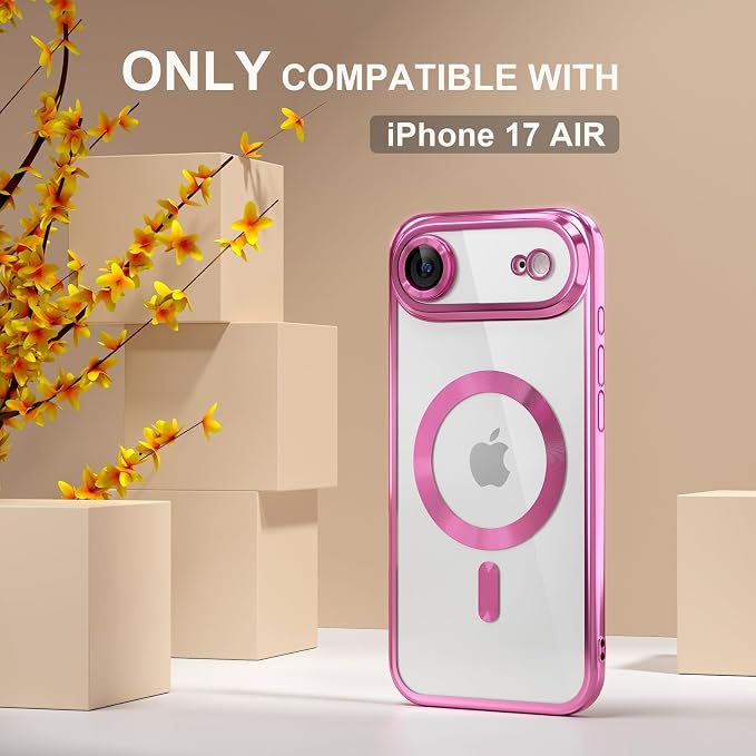Misea Magnetic for iPhone 17 Air Case Compatible with MagSafe [Never Yellowing] [Military Grade Drop Protection] Full Camera Lens Protector Plating Soft Clear Phone Case for Women, Hot Pink