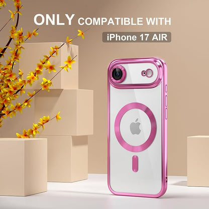 Misea Magnetic for iPhone 17 Air Case Compatible with MagSafe [Never Yellowing] [Military Grade Drop Protection] Full Camera Lens Protector Plating Soft Clear Phone Case for Women, Hot Pink