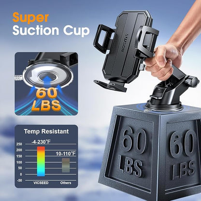 Upgraded 3-in-1 Car Phone Holder Mount [Powerful Suction] Phone Mount for Car Dashboard Air Vent Windshield,for All iPhone Android Phone, Charcoal Black