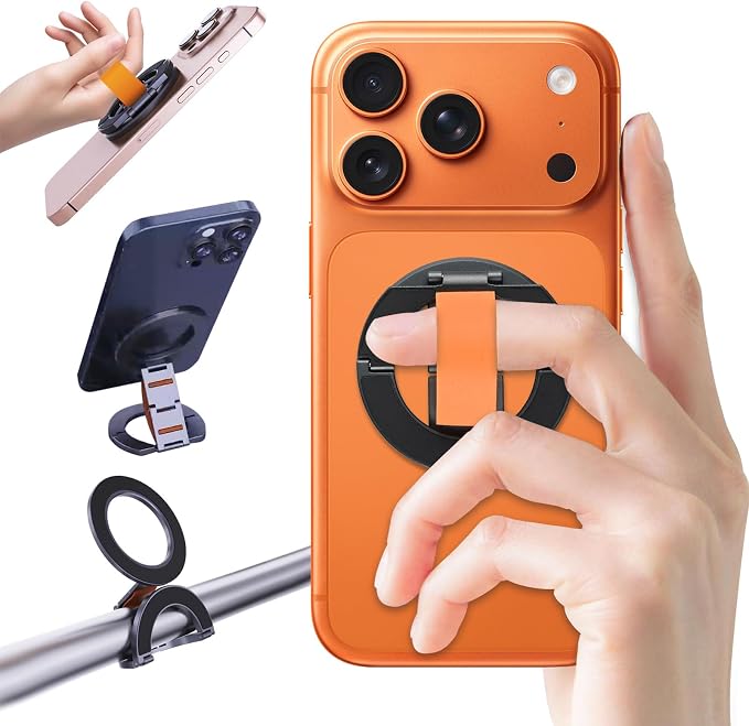Dual-Sided for MagSafe Ring Holder, Magnetic Phone Grip&Kickstand with Soft Finger Strap, 360°Rotating Magnet Stand Grip for iPhone 17/16/15/14/13/12 Series, Gym,Car Mount