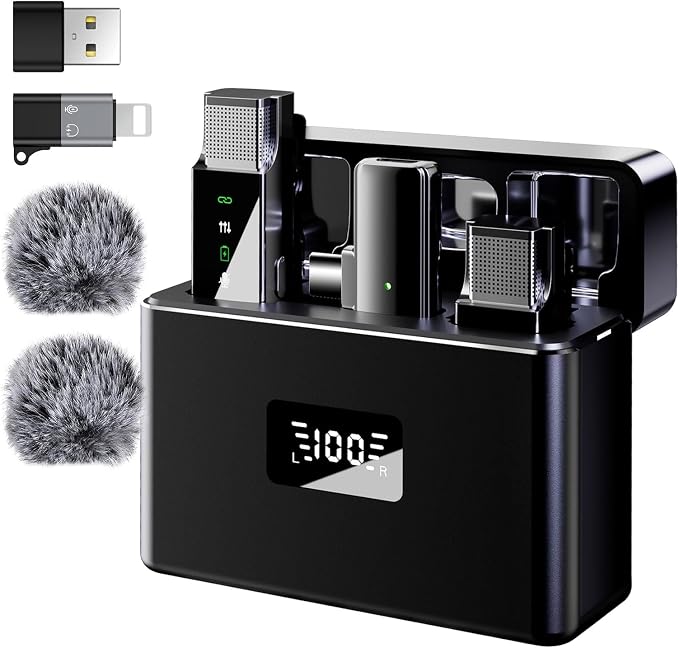 2 Wireless Lavalier Microphone for iPhone Android Phone PC, Pro Lapel Mic System Mini, USB-C/Lightning, 48KHz 24Bit, 30H Battery, Noise Cancelling,Reverb for Video Recording Podcast Stream Vlog