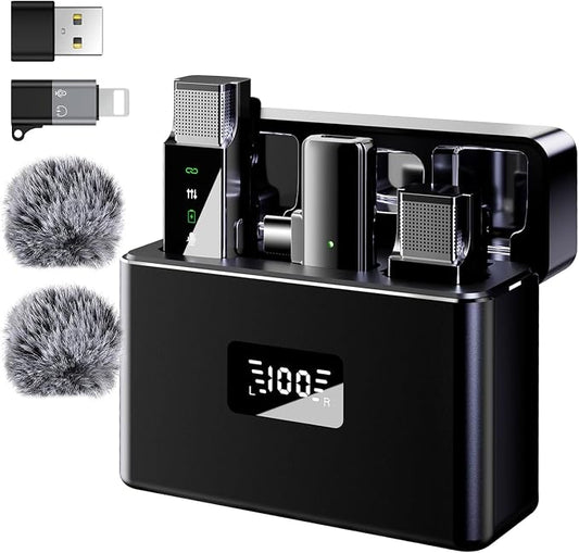 2 Wireless Lavalier Microphone for iPhone Android Phone PC, Pro Lapel Mic System Mini, USB-C/Lightning, 48KHz 24Bit, 30H Battery, Noise Cancelling,Reverb for Video Recording Podcast Stream Vlog