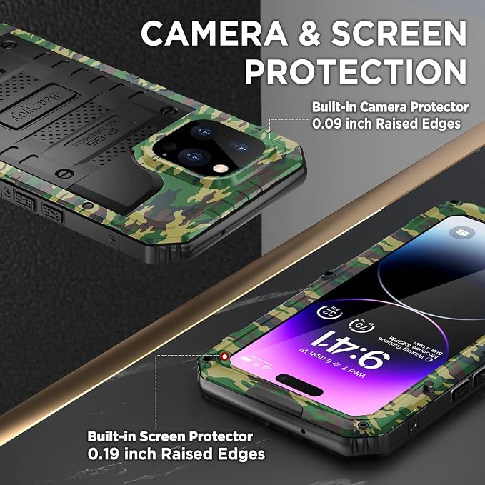 Beasyjoy for iPhone 14 Pro Max Waterproof Case, Metal Heavy Duty Case with Built-in Screen Protector, Full Body Protective Military Grade Shockproof Dustproof Defender Rugged Case 6.7 Inch, Camo