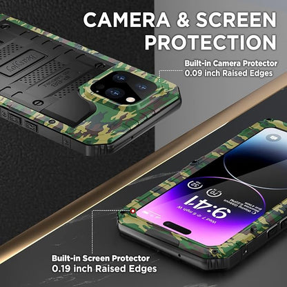 Beasyjoy for iPhone 14 Pro Max Waterproof Case, Metal Heavy Duty Case with Built-in Screen Protector, Full Body Protective Military Grade Shockproof Dustproof Defender Rugged Case 6.7 Inch, Camo