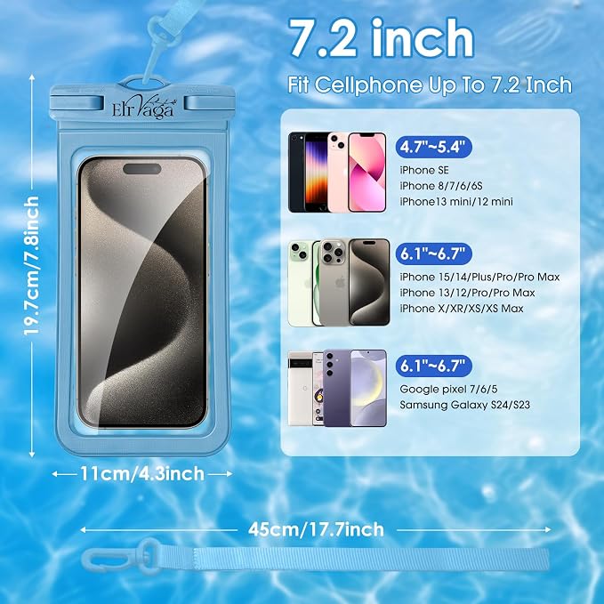 2 Pack IPX8 Waterproof Phone Pouch for iPhone 16/15/14/13 Pro Max Plus (7.2 Inch) - Swimming, Diving, Snorkeling, Snowproof - Touchscreen Friendly Underwater Photography Dry Bag (Blue&Blue)