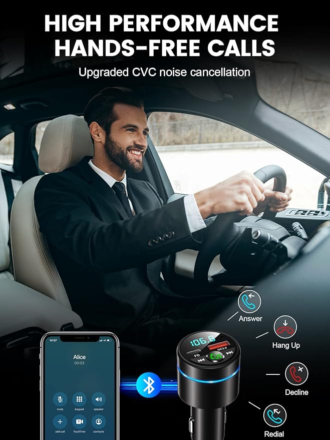 FM Transmitter for Car Bluetooth 5.3, [All-Metal] PD 30W & QC3.0 18W Fast Car Charger, Wireless FM Radio Kit Bluetooth Car Adapter, Noise Cancelling Hands-Free Call, Blue Light - Black