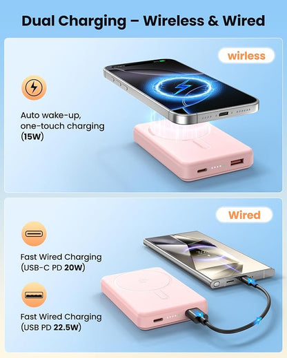 for Magsafe Portable Charger Power Bank, 12000mAh Magnetic Power Bank with 15W Wireless & 20W USB C Fast Charging, Ultra-Slim Battery Pack for iPhone 17/16/15/14/13/12 Series, Travel Essential (Pink)