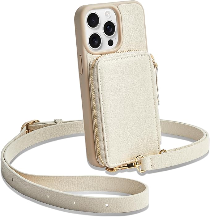 ZVE for iPhone 14 Pro Wallet Case Crossbody, Zipper Card Phone Case with Wrist Strap, Leather Cover with RFID Blocking for Women Compatible with iPhone 14 Pro, 6.1 inch, 2022-Beige