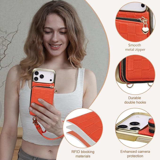 Keallce for iPhone 17 Pro Max 6.9'' Wallet Case, Crossbody Zipper Purse with 4 Card Slots RFID Blocking, Lanyards & Wrist Straps, Flip Leather Folio Cover with Kickstand for iPhone 17 Pro Max, Orange