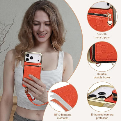 Keallce for iPhone 17 Pro Max 6.9'' Wallet Case, Crossbody Zipper Purse with 4 Card Slots RFID Blocking, Lanyards & Wrist Straps, Flip Leather Folio Cover with Kickstand for iPhone 17 Pro Max, Orange