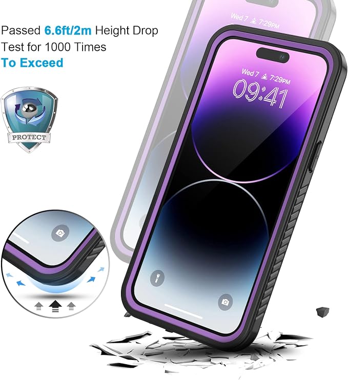 Lanhiem for iPhone 14 Pro Case, IP68 Waterproof Dustproof Shockproof with Built-in Screen Protector, 6.1 inch - Purple