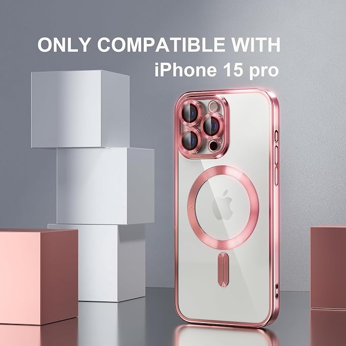 Misea Magnetic for iPhone 15 Pro Case Compatible with MagSafe [Never Yellowing] [Military Grade Drop Protection] Full Camera Lens Protector Plating Soft Clear Phone Case for Women Girls, Pink