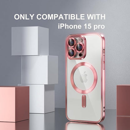 Misea Magnetic for iPhone 15 Pro Case Compatible with MagSafe [Never Yellowing] [Military Grade Drop Protection] Full Camera Lens Protector Plating Soft Clear Phone Case for Women Girls, Pink