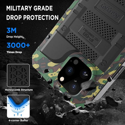Beasyjoy Waterproof Case for iPhone 14 Pro, Metal Full Body Sealed Phone Case with Built-in Screen Protector, Military Grade Heavy Duty Defender Armor Shockproof Rugged Case 6.1 Inch, Camo