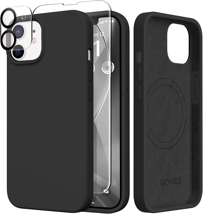 GONEZ Magnetic for iPhone 12 Case / 12 Pro Case, Compatible with MagSafe, [Screen Protector + Camera Lens Protector], Silicone Shockproof Anti-Scratch Protective Phone Case 6.1 inch, Black