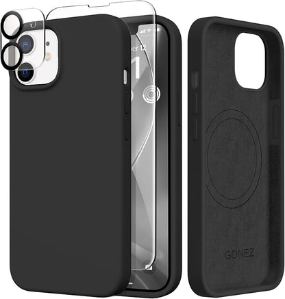 GONEZ Magnetic for iPhone 12 Case / 12 Pro Case, Compatible with MagSafe, [Screen Protector + Camera Lens Protector], Silicone Shockproof Anti-Scratch Protective Phone Case 6.1 inch, Black