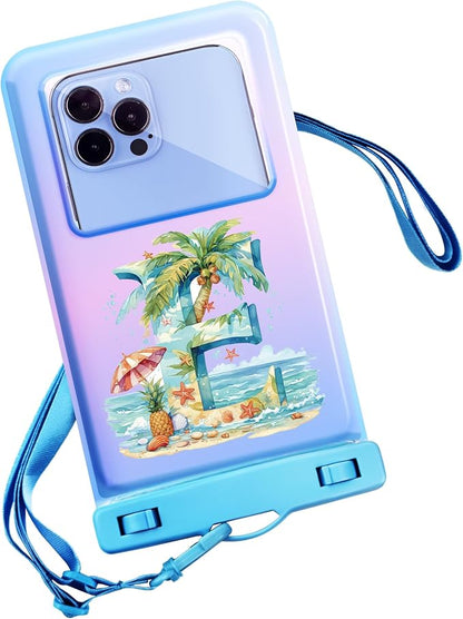 Personalized Initial Waterproof Phone Pouch Case - IPX8 Cellphone Dry Bag with Lanyard for iPhone 16/15/14/13/12 Pro Max (6.1–6.9"), Beach & Cruise Ship Essentials with Monogrammed Design (Blue, E)