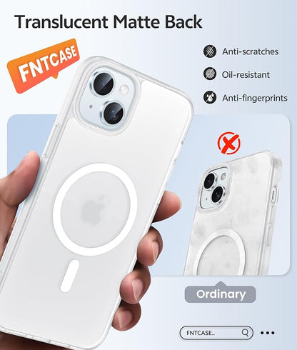 FNTCASE for iPhone 15 Case: for iPhone 14 Case & iPhone 13 Case [Compatible with Magsafe] Translucent Matte Cases with [Screen Protector] Military Grade Shockproof Protective Phone Cover - White