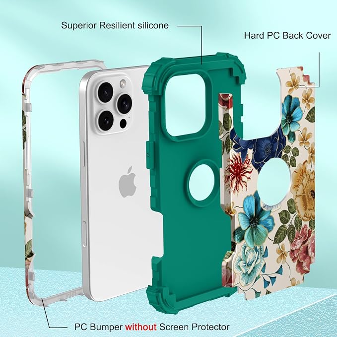 Hocase for iPhone 16 Pro Max Case, Heavy Duty Shockproof Protection Soft Silicone Rubber+Hard Plastic Bumpers Hybrid Protective Case for iPhone 16 Pro Max 2024 - Teal Flowers