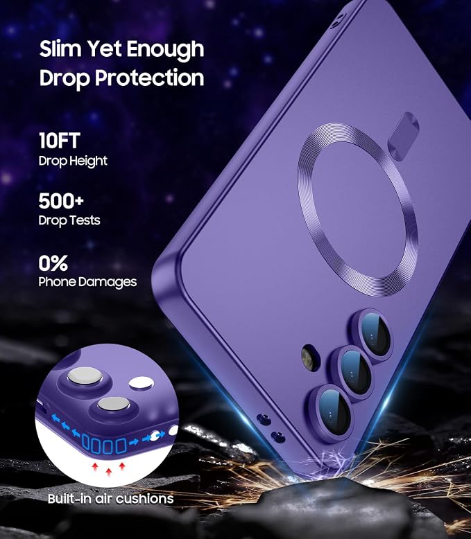 Magnetic for Samsung Galaxy S25 FE Case [Compatible with MagSafe][Built-in Camera Lens Protector] Slim Soft Silicone Bumper Shockproof Metallic Luster Phone Case, Purple