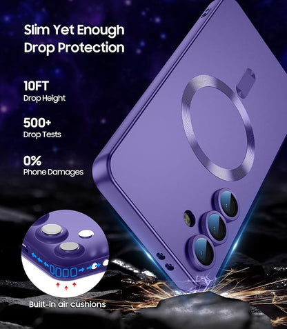 Magnetic for Samsung Galaxy S25 FE Case [Compatible with MagSafe][Built-in Camera Lens Protector] Slim Soft Silicone Bumper Shockproof Metallic Luster Phone Case, Purple