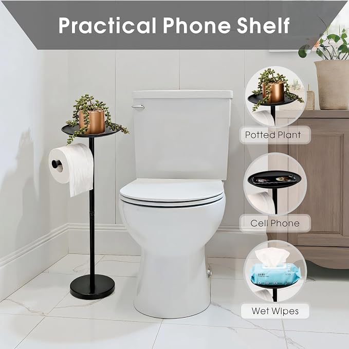 Toilet Paper Holder Stand with Shelf on Top, Black TP Roll Holder Floor Standing, Sturdy Base (Black)