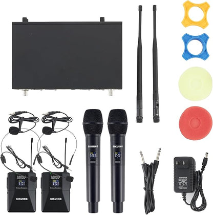 4 Channel UHF Wireless Microphone System with Lavalier Headset Mics, 4x50 Adjustable Frequencies, Ideal for Karaoke Meeting Church, 300ft Range