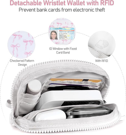 Clip and Go Strap for Phone with Wallet Crossbody Phone Lanyard and Detachable Checkered Bag with ID Window and RFID Pouch for Daily Travel. Bow