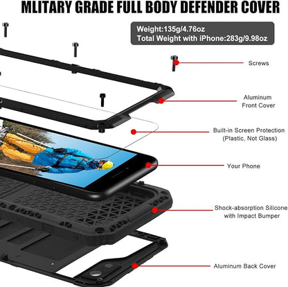Mitywah Waterproof Case for iPhone SE 2020, Heavy Duty Durable Metal Full Body Protective Case Built-in Screen Protection Waterproof Shockproof Dustproof Rugged Military Grade Defender, Black