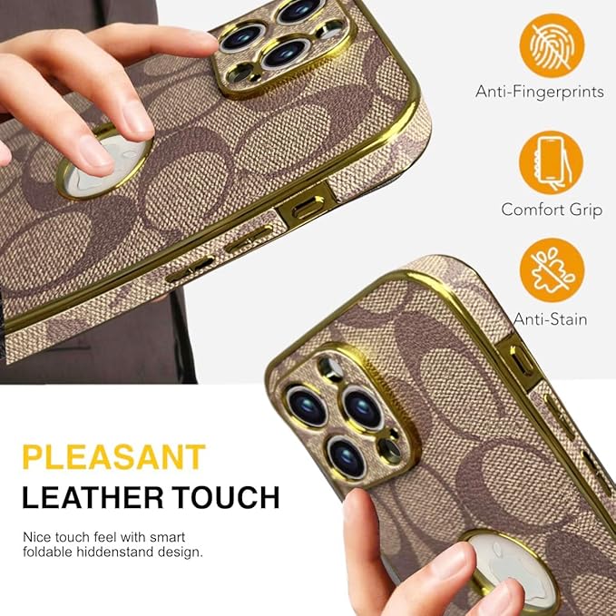 Compatible with iPhone 16 Pro Max Case with Logo View, Luxury Elegant Full Protection Slim Shockproof Leather Case with Camera Lens Protector Phone Cover for iPhone 16 Pro Max Khaki