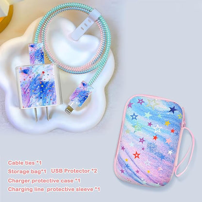 Phone Charger Case Storage Set with Cute Stars Cable Protector with Carrying Cable Case Bag,Cord Organizer, USB Earphone Wire Saver Organizer Charger Protector for iPhone (Colourful Stars)