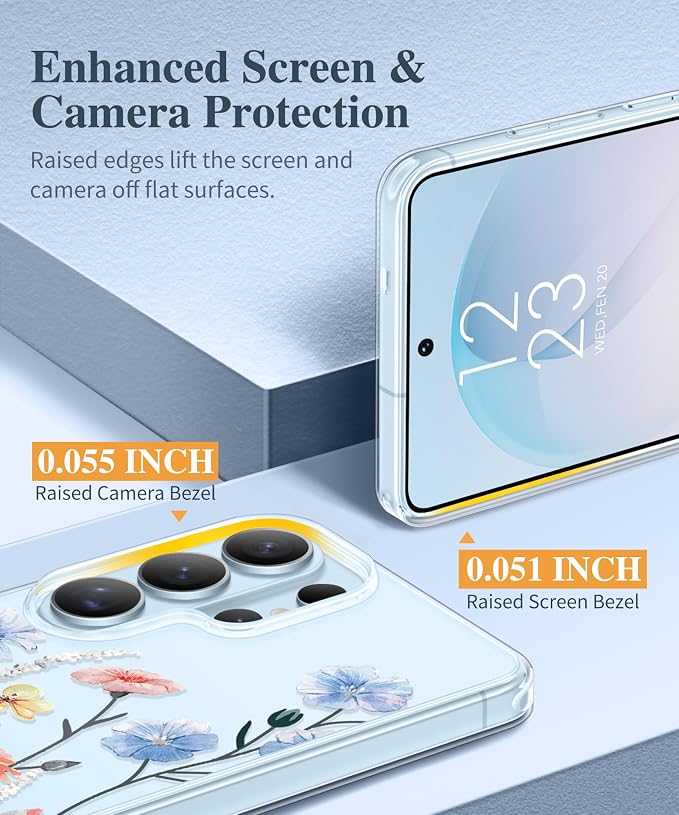 GVIEWIN for Samsung Galaxy S26 Ultra Case, Clear Floral Slim Shockproof Protective Women Phone Case, Non-Yellowing, with Screen Protector & Camera Lens Protector for S26 Ultra 6.9", Aconite/Light Blue