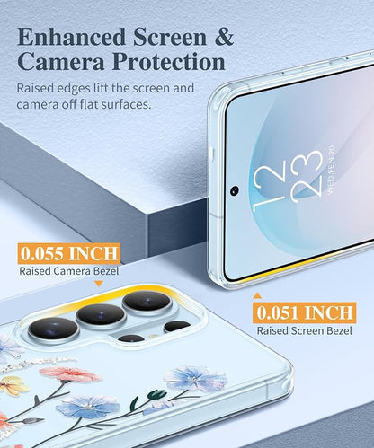 GVIEWIN for Samsung Galaxy S26 Ultra Case, Clear Floral Slim Shockproof Protective Women Phone Case, Non-Yellowing, with Screen Protector & Camera Lens Protector for S26 Ultra 6.9", Aconite/Light Blue