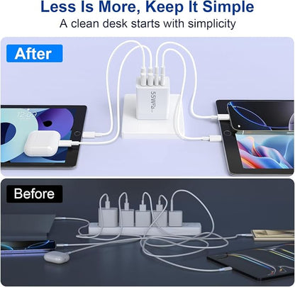 USB C Charger Block, 2 Pack 55W 4-Port Multiport Fast Wall Charger with PD (2x20W)+QC (2x3.1A) Power Adapter, Fast Charging Cable, Type C Charging Hub for iPhone 17/16/15/14/13/12/Pro/Max/XS
