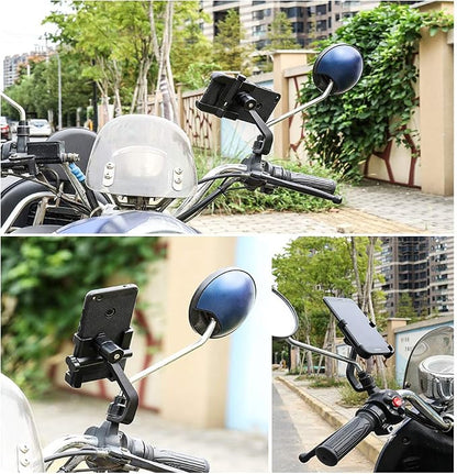 Motorcycle Phone Mount for Rearview Mirror, Metal Motorbike Phone Holder Smartphone Holder Mount 360° Rotation Adjustable, Universal for 6mm-10mm Diameter Scooter Motorcycle Mirror