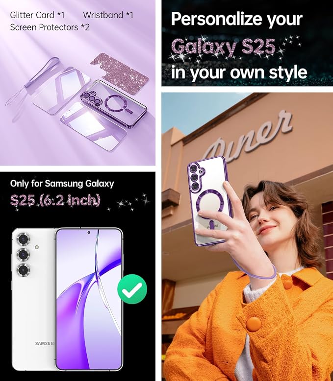 Meifigno Case Designed for Samsung Galaxy S25 6.2 inch, [Compatible with MagSafe] [2X HD Screen Protectors] [Glitter Card & Wrist Strap] Surround Lens Protection Case for Samsung Galaxy S25, Purple