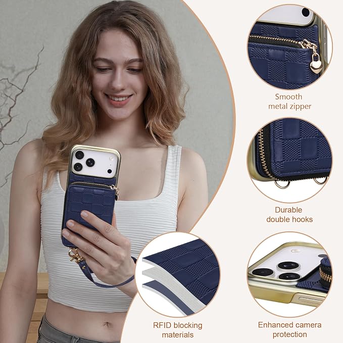 Keallce for iPhone 17 Pro Max 6.9'' Wallet Case, Crossbody Zipper Purse with 4 Card Slots RFID Blocking, Lanyards & Wrist Straps, Flip Leather Folio Cover with Kickstand for iPhone 17ProMax, Navyblue