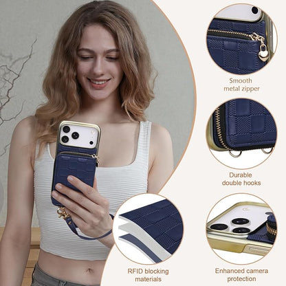 Keallce for iPhone 17 Pro Max 6.9'' Wallet Case, Crossbody Zipper Purse with 4 Card Slots RFID Blocking, Lanyards & Wrist Straps, Flip Leather Folio Cover with Kickstand for iPhone 17ProMax, Navyblue