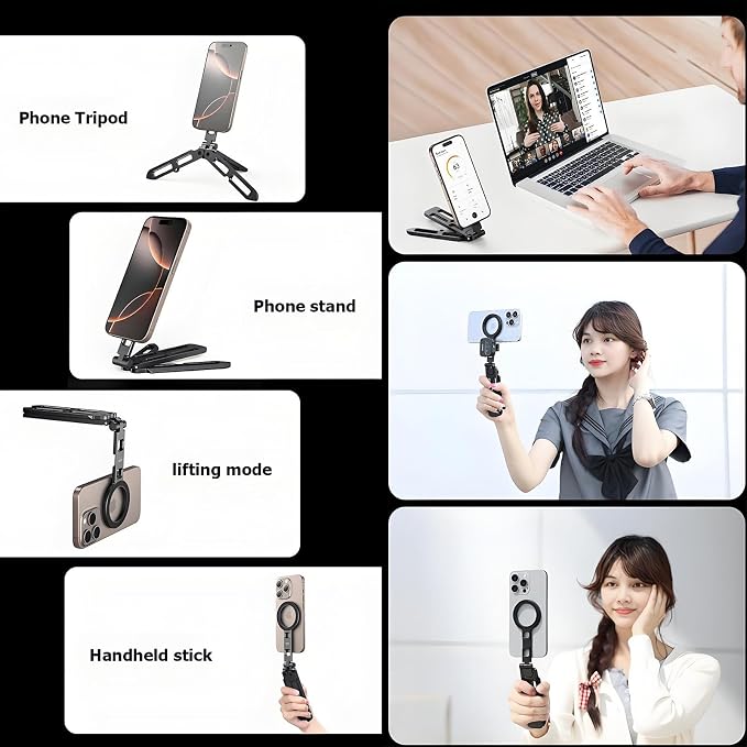 Magnetic Phone Tripod for iPhone 16/15/14/13/12 Plus Pro Max Series,Aluminium Mini Magsafes Tripod for iPhone & Magsafes,Double-Sided Design,1/4" Screw,Cold Shoe Interface,Arca Swiss Base