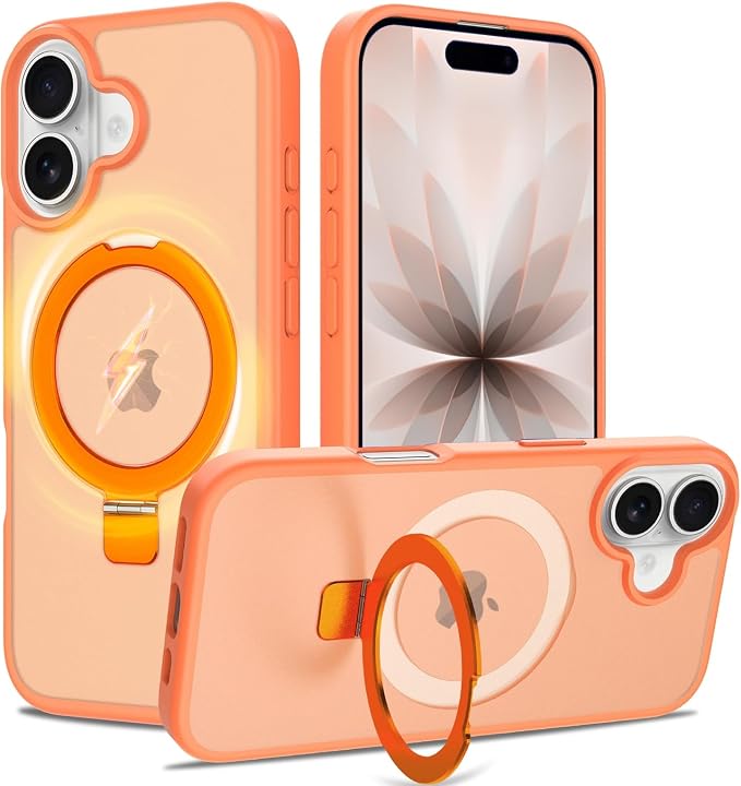 Ultra-Magnetic Stand for iPhone 17 Case [Military Drop Protection] [Compatible with MagSafe] Shockproof Translucent Matte Slim Ring Holder Case for iPhone 17 (Orange)