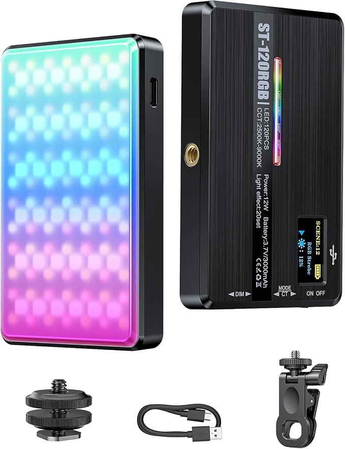120 RGB Video Light, Photography Light, Color Temperature 2500-9000K 360° Full Color with 20 Lighting Effects, 3000mAh Battery, OLED Display, DSLR Lighting for TikTok, Photography, Video Conference