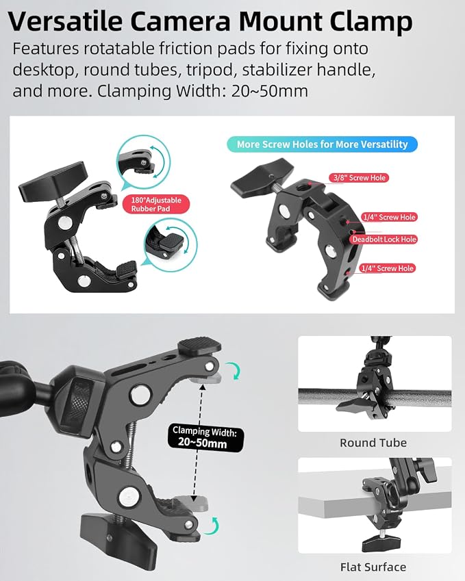 22" Magic Arm w Clamp, Overhead Phone Mount, Desk Camera Mount w Articulating Friction Boom Arm Thread Adapter, for Phone Video Light Webcam Microphone Action Camera Content Creators