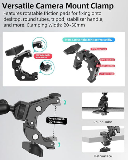 22" Magic Arm w Clamp, Overhead Phone Mount, Desk Camera Mount w Articulating Friction Boom Arm Thread Adapter, for Phone Video Light Webcam Microphone Action Camera Content Creators